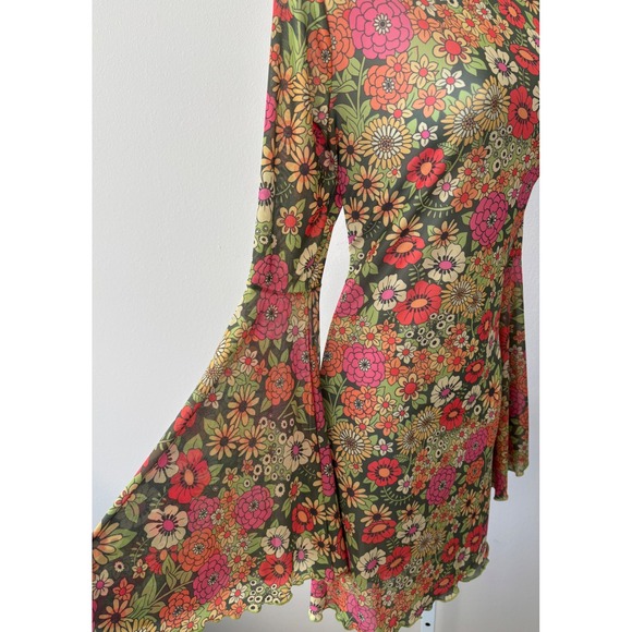 Boho Fairycore Dress 1X Mini 70s Retro Sheer Floral Mesh Bell Sleeve Lettuce Hem - Picture 2 of 13